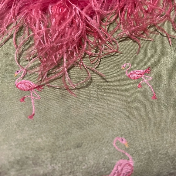 Pink with Martinis/ green with flamingos reversible tote with ostrich feathers - Picture 5 of 6